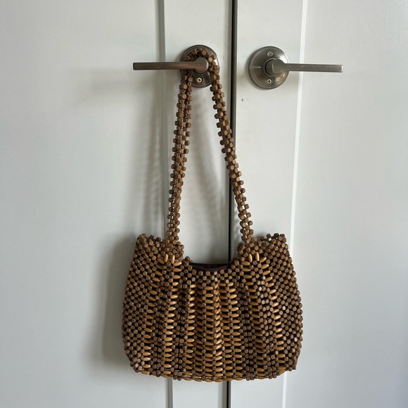 None Handbags - Vintage Brown Wood Beaded Bag Purse